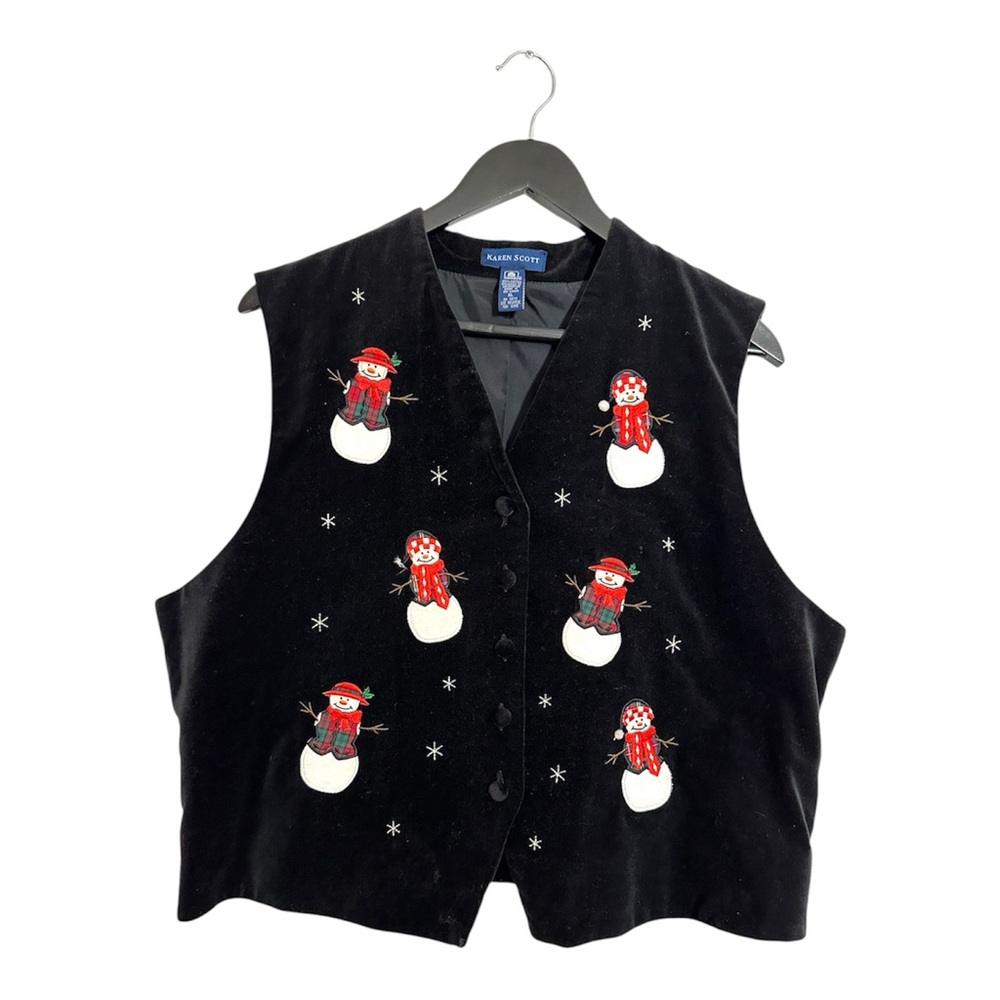 Karen Scott Snowman Embroidered Black Holiday Vest Christmas Size XL Grandmacore